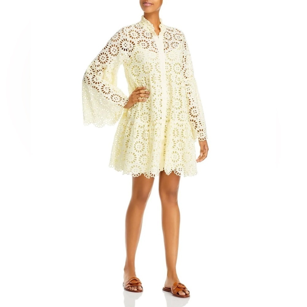 Charina Sarte Butter Yellow Eyelet Tiered Button Front Dress Resort Beach L